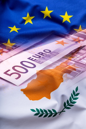 Flags of the Cyprus and the European Union. Cyprus Flag and EU Flag. World flag money concept.の写真素材