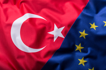 Flags of the Turkey and the European Union. Turkey Flag and EU Flag. World flag money concept.の写真素材