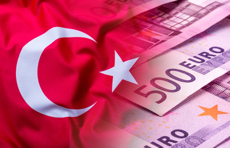 Flags of the Turkey and the European Union. Turkey Flag and EU Flag. World flag money concept.の写真素材