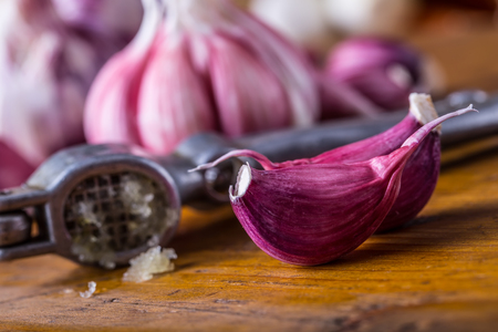 Garlic. Fresh garlic. Red garlic. Garlic press. Violet garlic.Garlic background. garlic bulbs.の写真素材