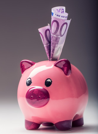 Piggy bank.Pink Piggy save and Five hundred Euro banknotes.Toned photo.の写真素材