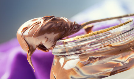 Chocolate spread in spoon. A jar of hazelnut chocolate spread.