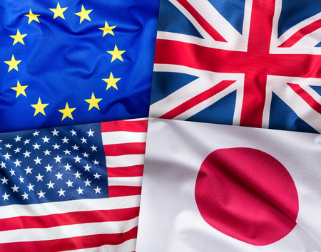 World flags concept.Collage of four countries, world flags. European Union Great Britain American and Japan Flags.の写真素材