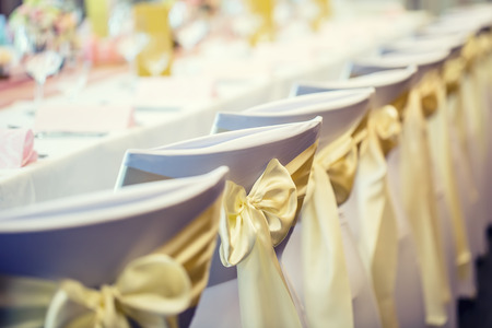 Wedding. Wedding chairs in row decorated with golden yellow color ribbon.の写真素材