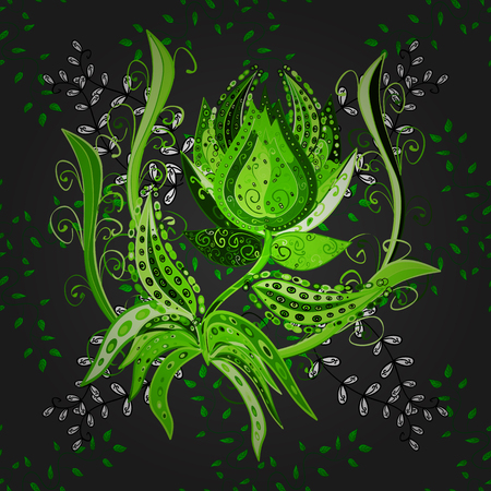 A Seamless floral pattern can be used for sketch, website background, wrapping paper. Leaf natural pattern in gray, green and black colors. Summer design. Vector flower concept.のイラスト素材