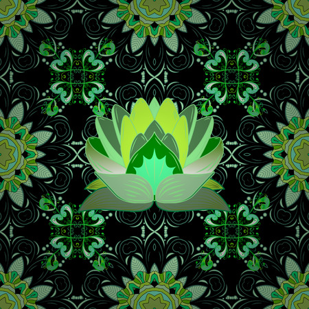 Flourish ornamental spring garden texture. Vector illustration. Flowers on green, neutral, black and pink background. Floral pattern. Flower seamless on green, neutral, black background.のイラスト素材
