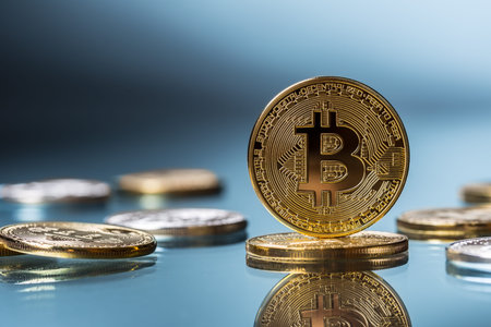 Bitcoin. Golden and silver bitcoins - virtual cryptocurrency.