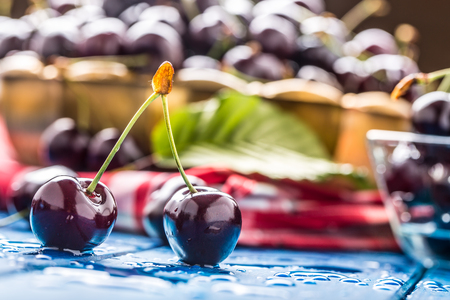 Ripe sweet cherries on blue woden table with water drops.の写真素材