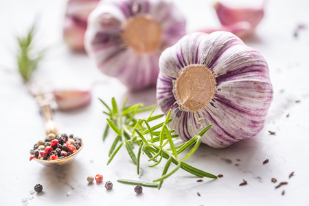 Garlic Cloves and Bulbs with rosemary salt and pepper on white marble board.の写真素材