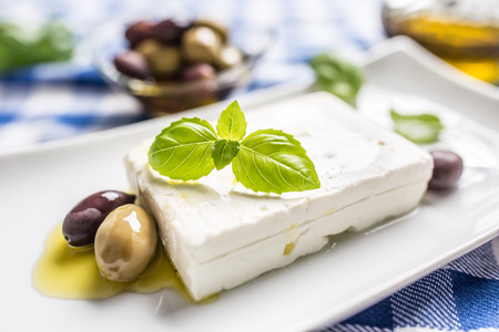Greek cheese feta with olive oil olives and basil leaves.の写真素材