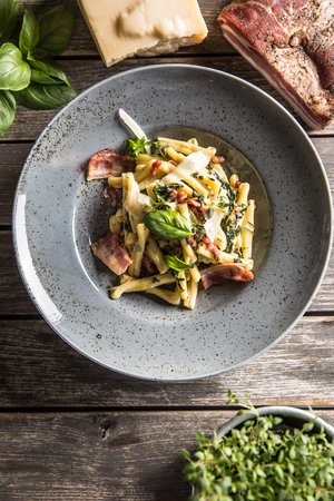 Pasta casarecce with bacon pancetta parmesan cheese and herbs basil. Italian or mediterranean cuisine.の写真素材