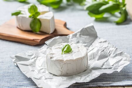 Camembert or brie cheese with basil leaves on table.の写真素材