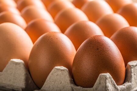 Chicken eggs in carton box - Close up.