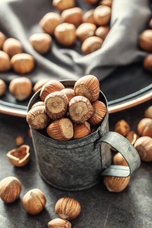 Hazelnuts and their cracked shells on a vintage dark metallic background, in a metallic cup and on a tray with a cloth.の写真素材
