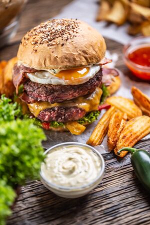 Double beef bacon burger with cheese and lettuce, eggs, potato chips and mayonnaise or dressing.の写真素材