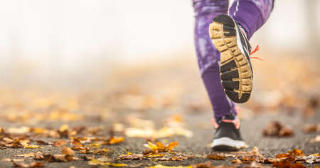 Close-up view of female legs and shoes running in autumn nature.