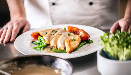 Chef professional in a restaurant prepares food order. Simple but healthy meal of chicken breast slices with green beans and tomatoes.の写真素材