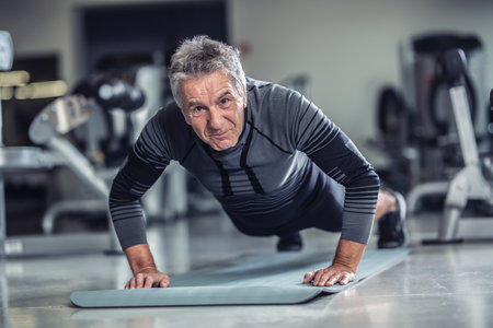 Age is just a number to a man with grey hair doing pushups in a gym.