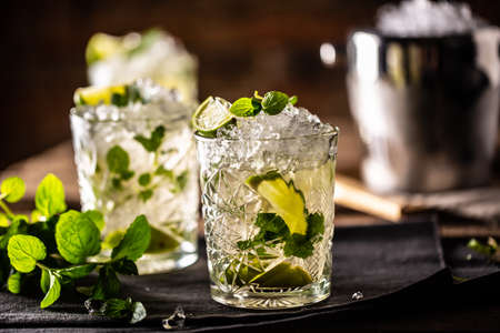 Mojito or virgin mojito long rum drink with fresh mint, lime juice, cane sugar and soda.の写真素材