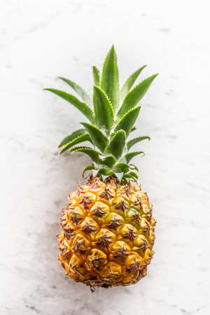 Fresh whole pineapple with leaves on a marble surface.