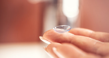 Contact lens on the fingers of a young woman before application to the eye.の写真素材