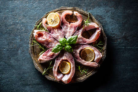 Portioned fish carp with salt pepper lemon and herbs on rustic plate.の写真素材