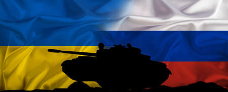 Military conflict between Russia and Ukraine. Both flags and russian tank as concept.