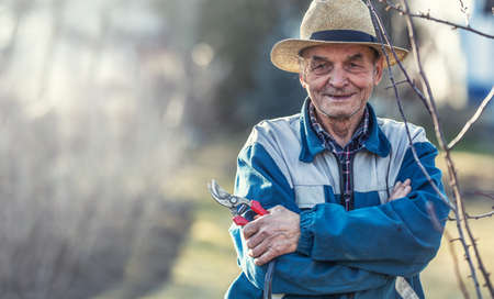 A vital 80-year-old retiree holds scissors in his garden to trim tree branches. Happy senior man in...