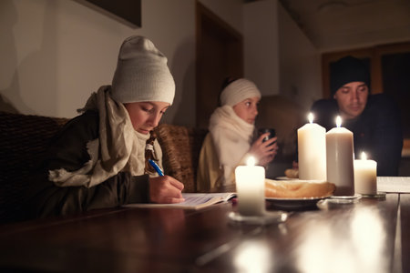 Girl in winter hat and shawl studies at home at the table by candle lights while fanily experiences winter power blackout.の写真素材