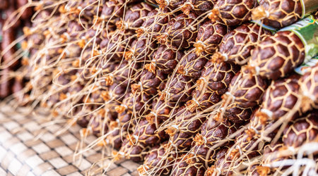 Sausages or salami for sale tightened by threads on a table.の写真素材