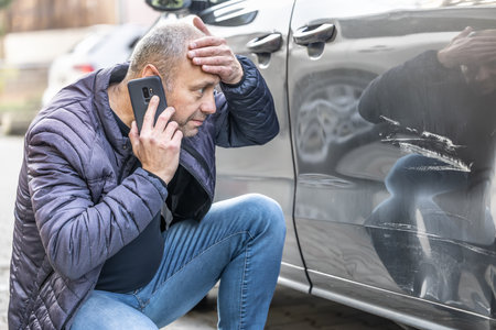 A surprised driver calls the insurance company or the police because an unknown culprit has damaged his car.の写真素材