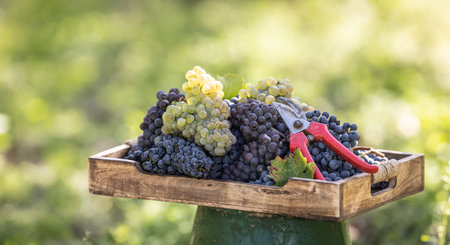 Different varieties of grapes freshly picked in a wooden box placed in a vineyard.
