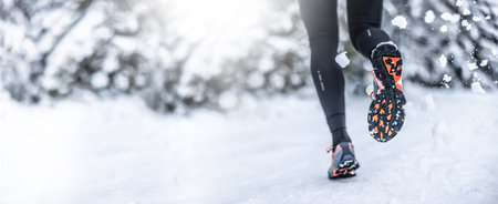A close-up view of the sneakers of a running woman during training on the snow in the winter season. Banner with copy space.の写真素材