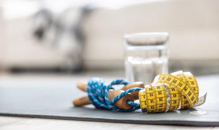 A skipping rope, a tape measure and a glass of water on a mat at home in the living room. Concept of healthy lifestyle.の写真素材