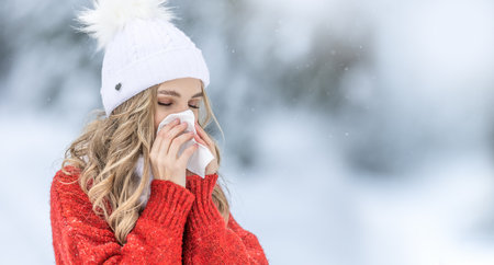 Young woman with allergy symptom blowing nose. A sick girl in a warm knitted sweater and a woolen cap using a tissue in a winter park.の写真素材