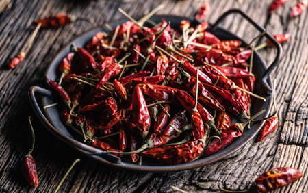 Dried chili peppers in a tin tray on a rustic table.の写真素材