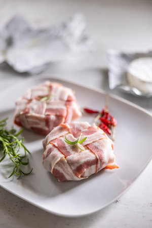 Cheese wraps preparation by wrapping them in a bacon slices griddle before baking.の写真素材