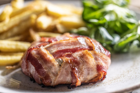 Juicy and crispy round cheese and bacon wrap served with fries and salad on the side.の写真素材