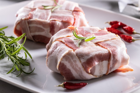 Neatly wrapped packages of food in bacon to be cooked with rosemary herb and fresh chilli.の写真素材