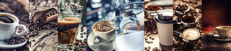 The variety of coffee drinks displayed in a single banner photo barista food concept.の写真素材