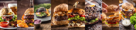 A mixture of various burger types in one photograph as a traditional American food concept.の写真素材