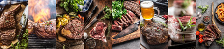 Various types of juicy and fresh grilled and barbecued beef steak meals as a food concept.の写真素材
