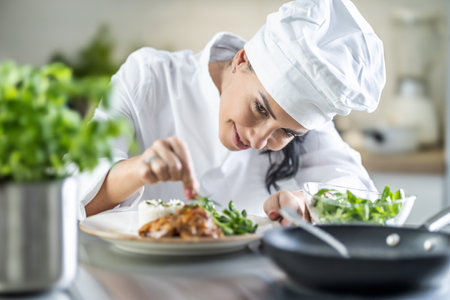 A young female chef finishes the meal with herbs in the restaurant kitchen.の写真素材