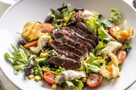 Protein and vegetable in a form of steak and mixed salad in a bowl.の写真素材