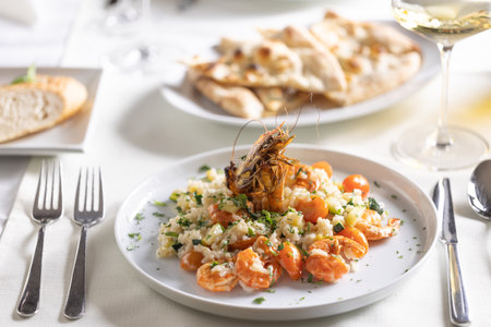 Fancy serving of prawns and courgette risotto on a table in the restaurant.の写真素材