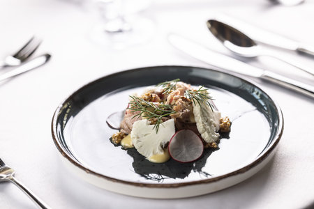 Fancy restaurant serves pork with cauliflower, raddish, dressing and mustard seeds.の写真素材