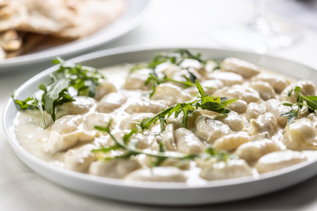 Gnocchi ai quattro formaggi, Italian dough pasta with four types of cheese and ruccola on top.の写真素材