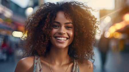 Positive smiliog afroamerican woman with curly hair stands on the street. Generative AI.の素材