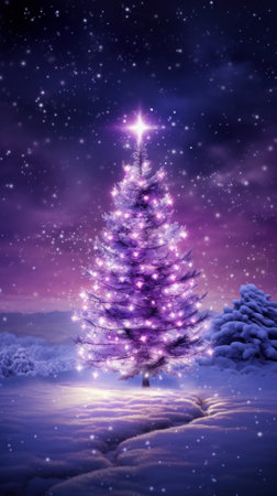 Illustration of a magical winter wonderland Christmas tree in dark blue and violet colors. Generative AI.の素材
