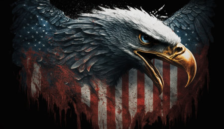 The illustrated head of an American eagle with its wings colored as a US flag. Generative AI.の素材